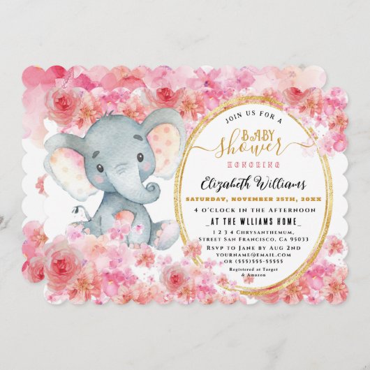 Invitation Elégant FloralAquarelle mignonne Baby shower éléph (Devant / Derrière)