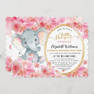 Invitation Elégant FloralAquarelle mignonne Baby shower éléph