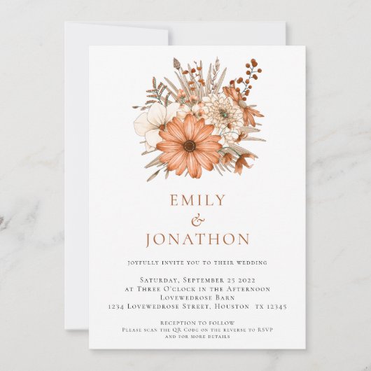 Invitation Élégant Floraux d'automne QR Code Mariage (Devant)