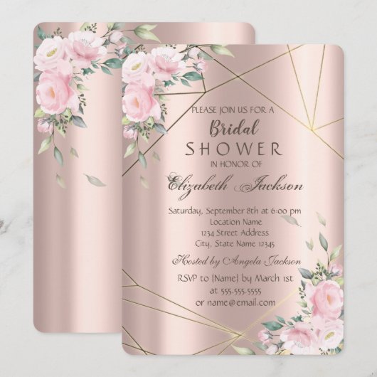 Invitation Elégant Flowers Lines Rose Fête des mariées or (Devant / Derrière)