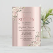Invitation Elegant Flowers Rose Gold Sweet 16 Birthday (Debout devant)