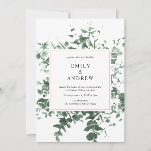 Invitation Elégant Foilage Verdure & Rose Gold Frame Mariage (Devant)