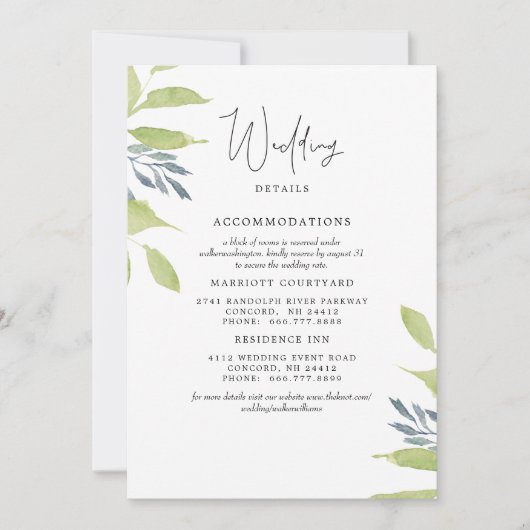 Invitation Elégant Foliage Simple Mariage 2 Hôtels Détails (Devant)