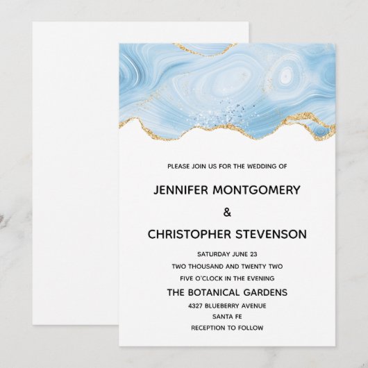 Invitation Élégant fond de mariage à l'agate bleue et or (Devant / Derrière)