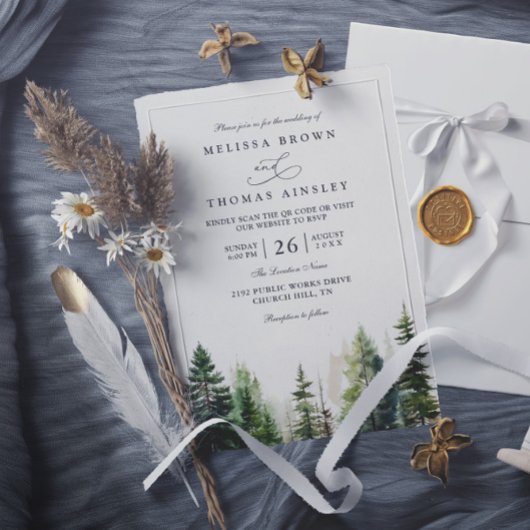 Invitation Elegant forest minimalist pine qr code wedding