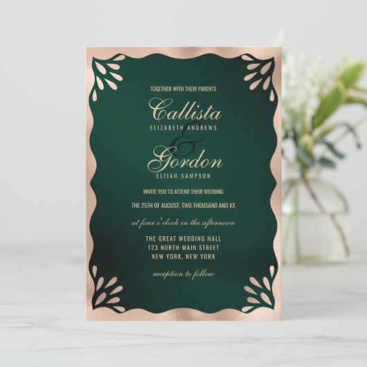 Invitation Élégant Forêt Or métallique Wavy Mariage frontière (Debout devant)