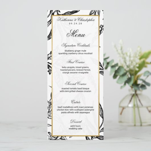 Invitation Elégant Formal Black Gold Botanical Mariage Menu (Debout devant)