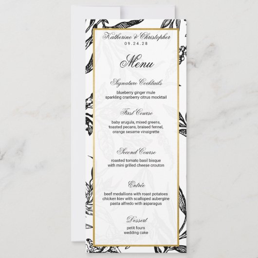 Invitation Elégant Formal Black Gold Botanical Mariage Menu (Devant)