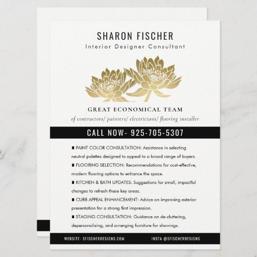 Invitation Elegant Formal Faux Gold Lotus Floral Business (Devant / Derrière)