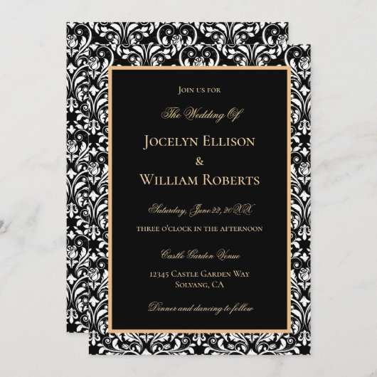 Invitation Elégant Formal Gold Black White Mariage damassé (Devant / Derrière)