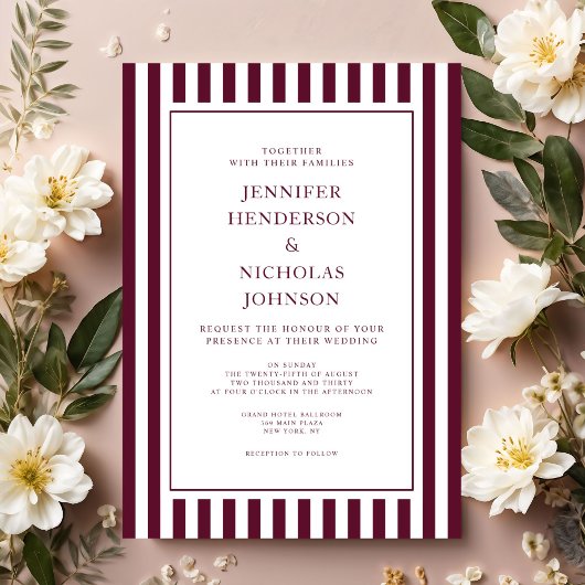 Invitation Elegant Formal Stripes Burgundy Wedding