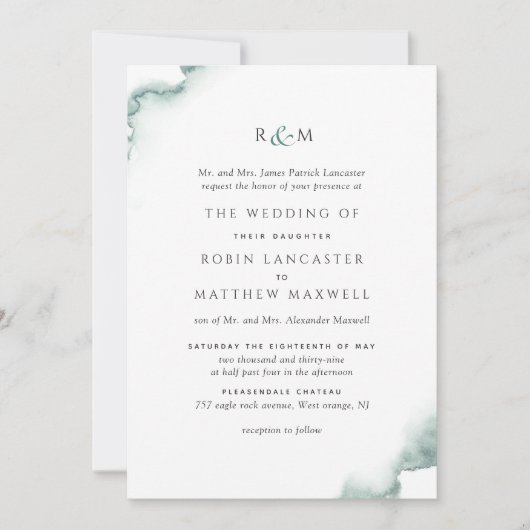 Invitation Élégant, Forme Vert Aquarelle Mariage Monogramme (Devant)
