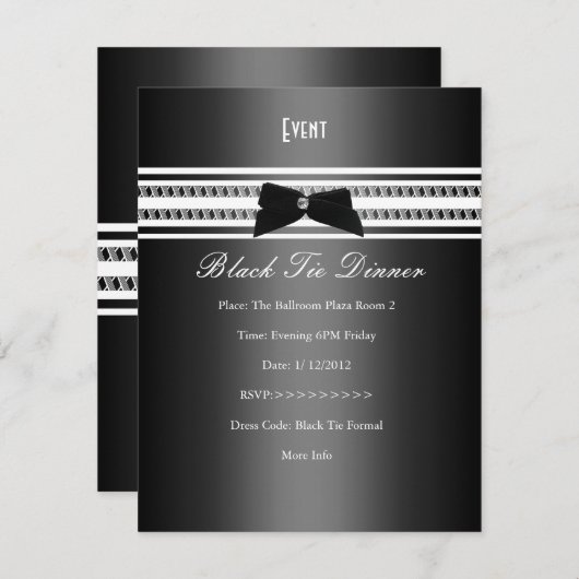 Invitation Élégant Formel Cravate Noire Dîner Gris Argent 2 (Devant / Derrière)