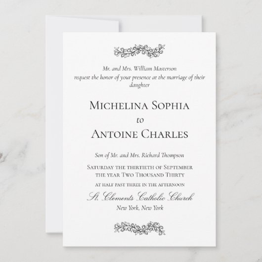 Invitation Élégant Formel Noir et Blanc | Mariage (Devant)