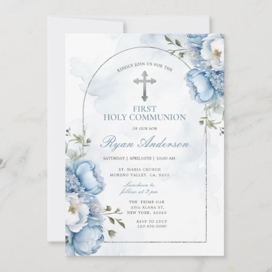 Invitation Elegant Frame Blue Floral First Holy Communion  (Devant)