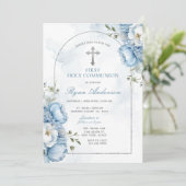 Invitation Elegant Frame Blue Floral First Holy Communion  (Debout devant)