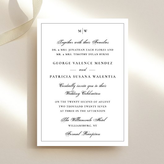 Invitation Elegant Frame Classic Monogram Black White Wedding