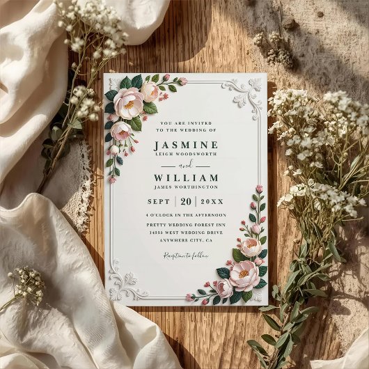 Invitation Elegant Framed Peonies Elegant QR Code Wedding