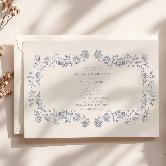 Invitation Élégant Français Vintage bleu Mariage floral