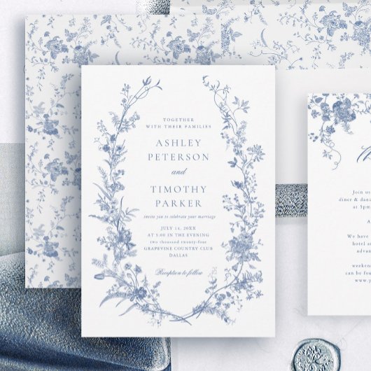 Invitation Élégant Français Vintage bleu Mariage floral
