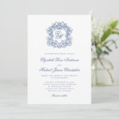 Invitation Elegant French Blue Monogram Crest Wedding (Debout devant)
