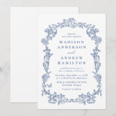 Invitation Elegant French Blue Victorian Floral Frame Wedding (Devant / Derrière)