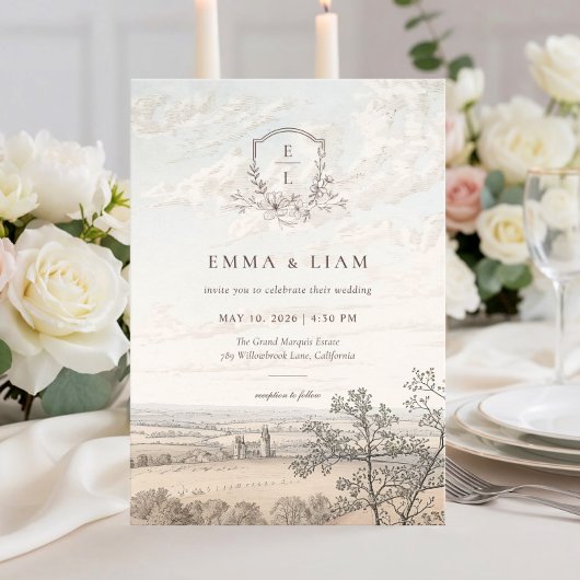 Invitation Elegant French Country Toile Monogram Wedding