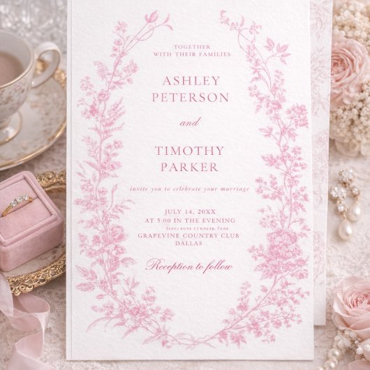 Invitation Elegant French Pink Toile Floral Wedding 