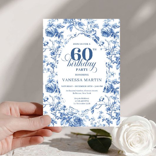 Invitation Elegant French Toile Blue Roses 60th Birthday  