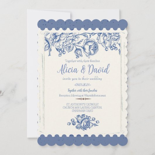 Invitation Elegant French Vintage Blue Floral Wedding (Devant)