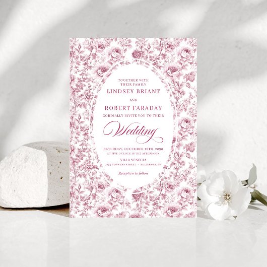 Invitation Elegant Fuchsia Dusty Pink Toile Roses Wedding
