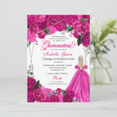Invitation Elégant Fuchsia Pink Silver Floral Quinceanera Inv (Debout devant)