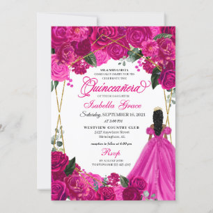 Invitation Elégant Fuchsia rose Floral Quinceanera Anniversai