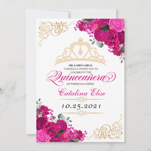 Invitation Elégant Fuchsia rose Floral Quinceanera Anniversai (Devant)