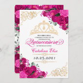 Invitation Elégant Fuchsia rose Floral Quinceanera Anniversai (Devant / Derrière)