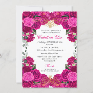 Invitation Elégant Fuchsia rose Floral Quinceanera Anniversai
