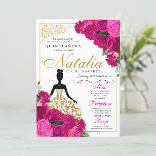 Invitation Elégant Fuchsia rose Floral Quinceanera Anniversai