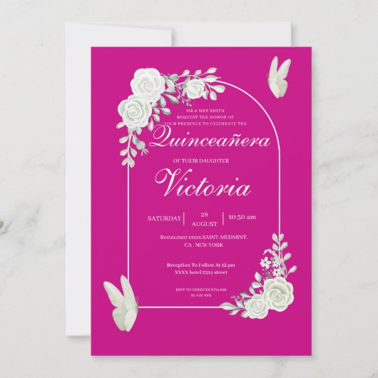 Invitation Elégant Fuchsia Roses Blanches Papillon Quinceañer (Devant)
