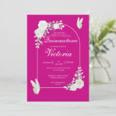 Invitation Elégant Fuchsia Roses Blanches Papillon Quinceañer (Debout devant)