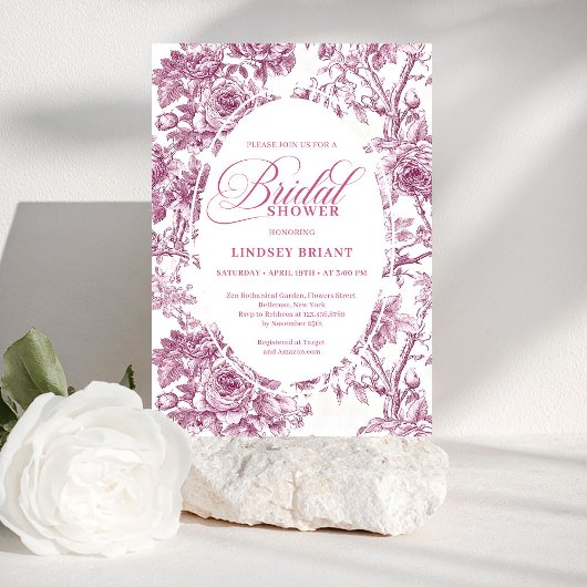 Invitation Elegant Fuchsia Toile Roses Bridal Shower Invite