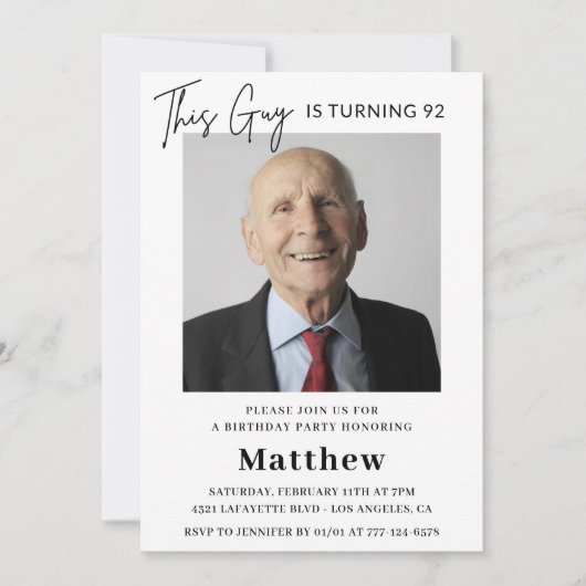 Invitation Elegant Funny Men Photo 92e anniversaire (Devant)