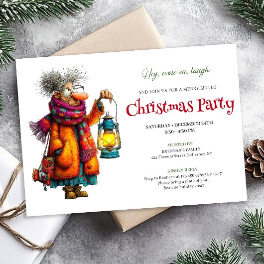 Invitation Elegant Funny Woman Comic Christmas Editable