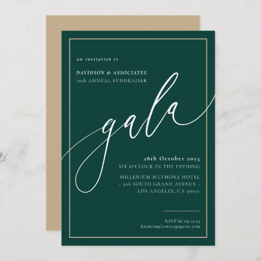 Invitation ELEGANT GALA calligraphie style formel vert foncé (Devant / Derrière)