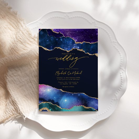 Invitation Élégant Galaxie Bleu, Violet & Agate Code QR Or