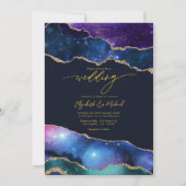 Invitation Élégant Galaxie Bleu, Violet & Agate Code QR Or (Devant)