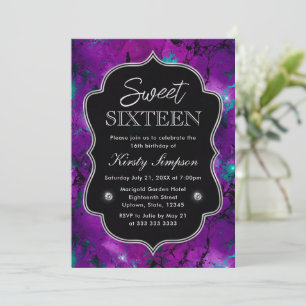 Invitation Élégant Galaxie Marbre Violet & Bleu Sweet Sixteen