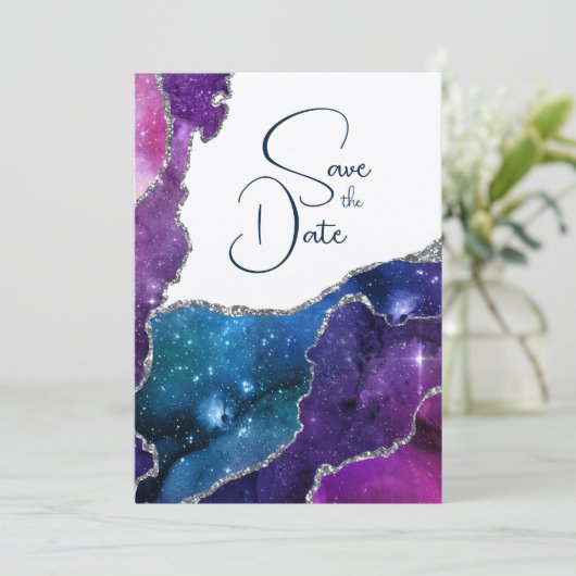 Invitation Elégant Galaxy Agate Mariage en argent Enregistrer (Debout devant)