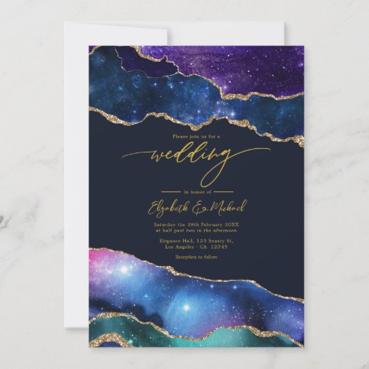 Invitation Elégant Galaxy Bleu, Violet & Or Agate QR Code (Devant)