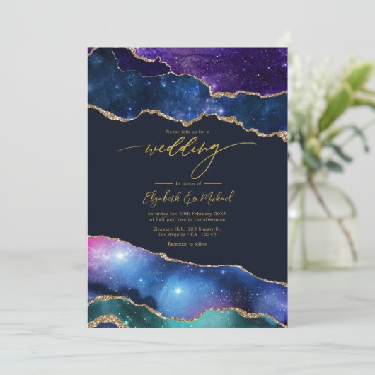 Invitation Elégant Galaxy Bleu, Violet & Or Agate QR Code (Debout devant)