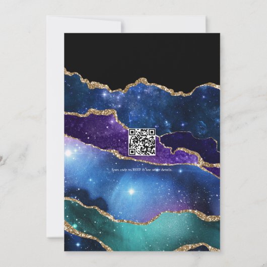 Invitation Elégant Galaxy Bleu, Violet & Or Agate QR Code (Dos)